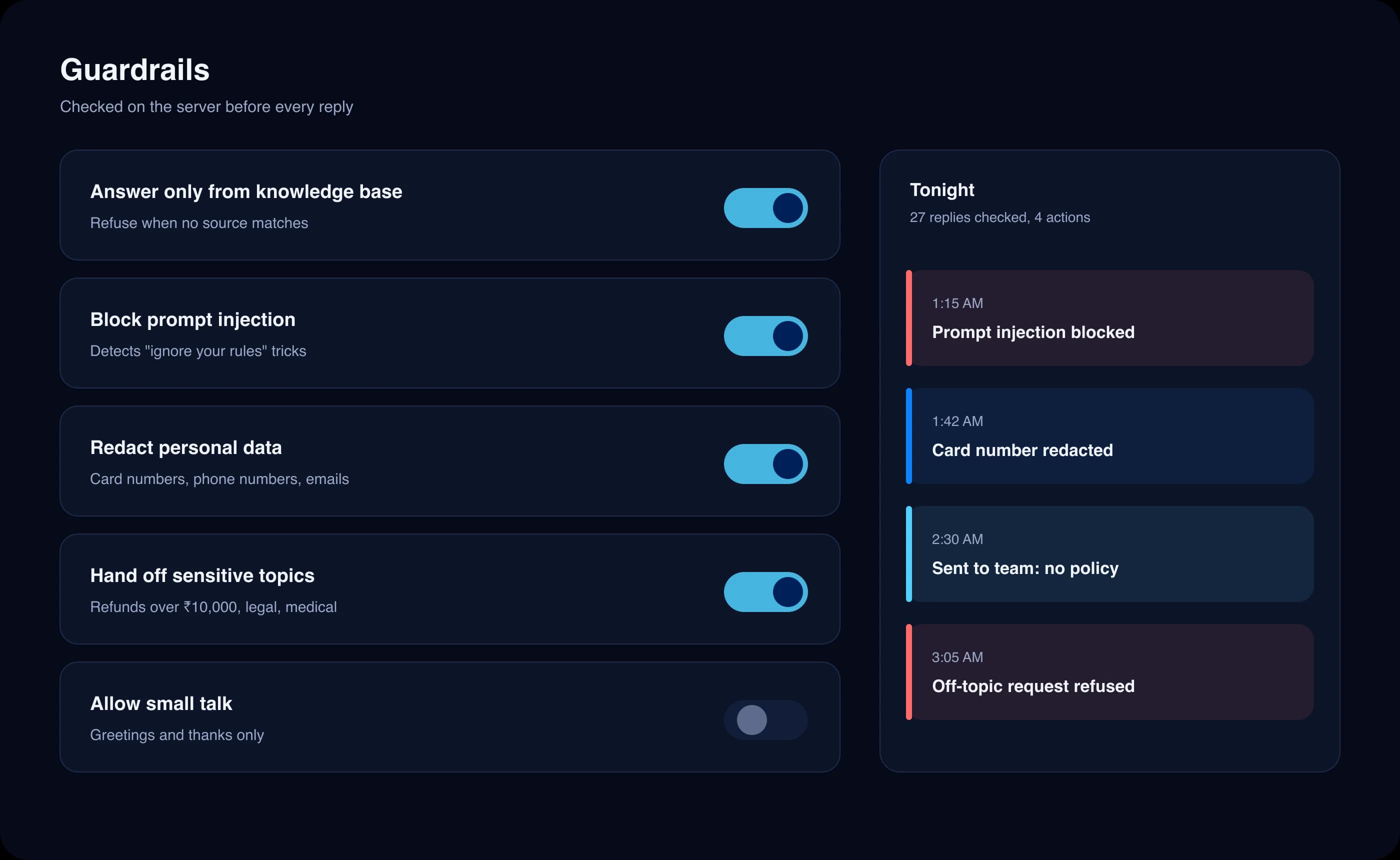 Guardrail toggles for answering only from documents, blocking prompt injection and redacting personal data, with a night log
