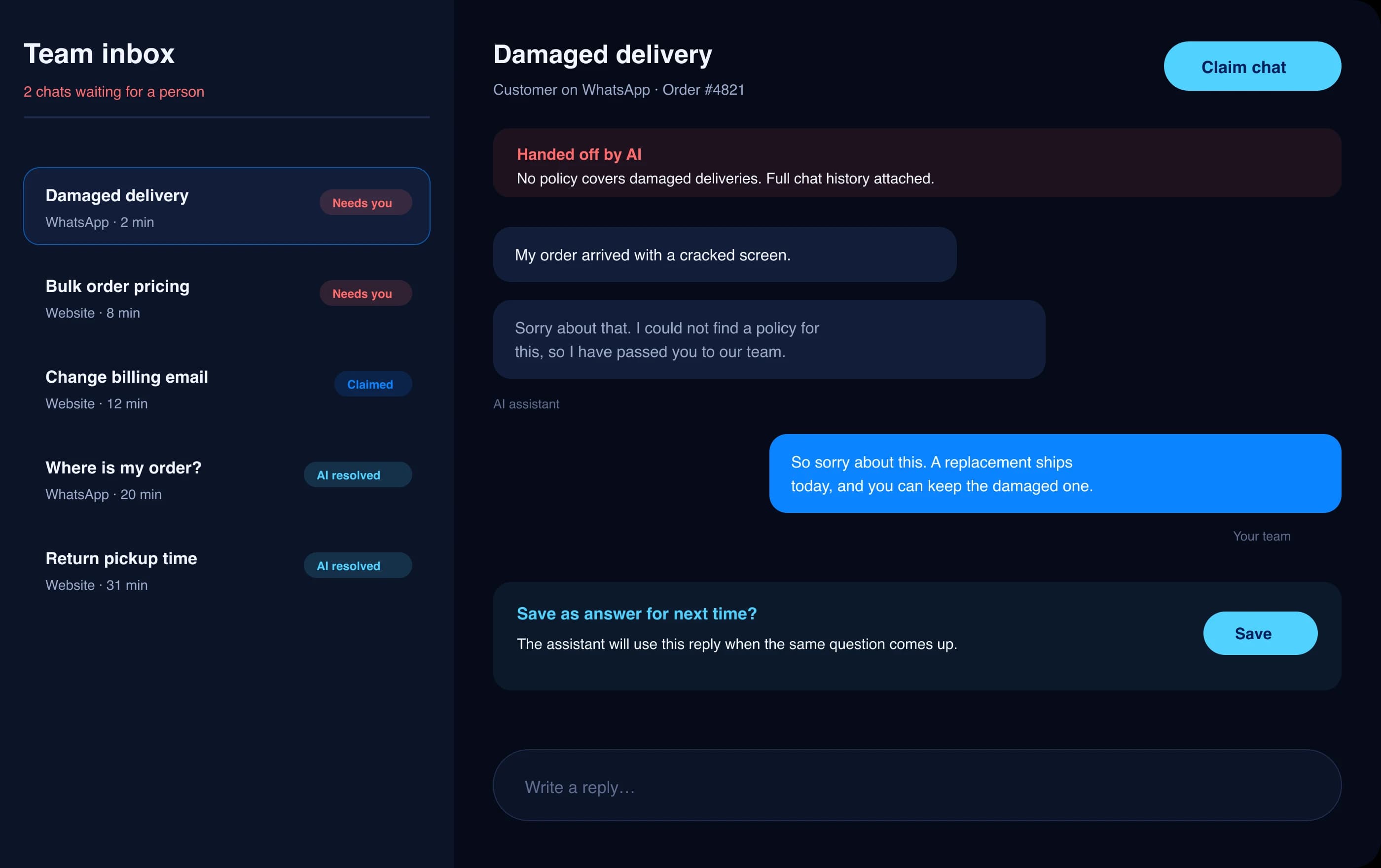 Team inbox with a damaged delivery chat handed off by the AI, a team reply, and a prompt to save it as an answer