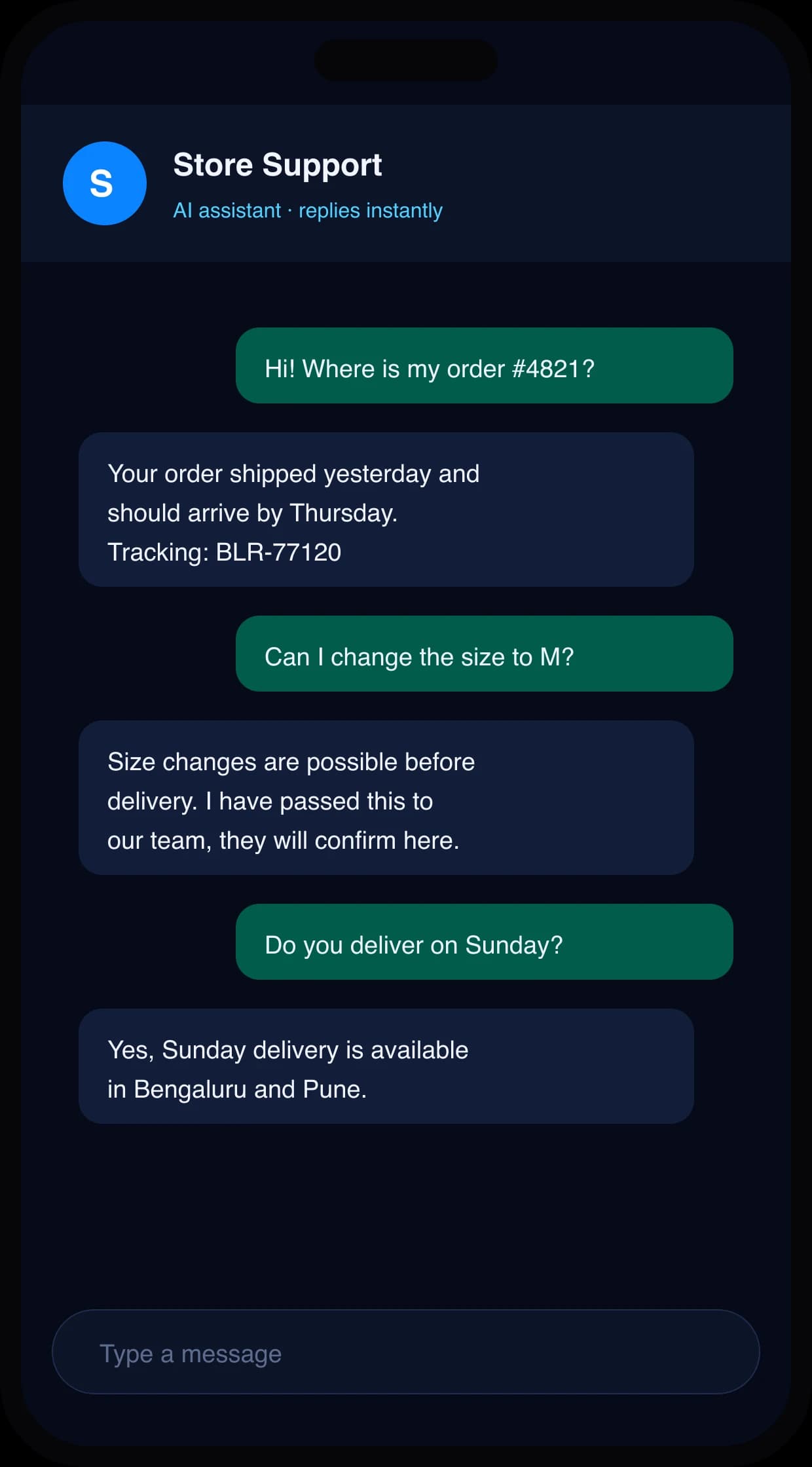 A WhatsApp chat where the AI assistant answers an order-status question, passes a size change to the team, and confirms Sunday delivery in Bengaluru and Pune