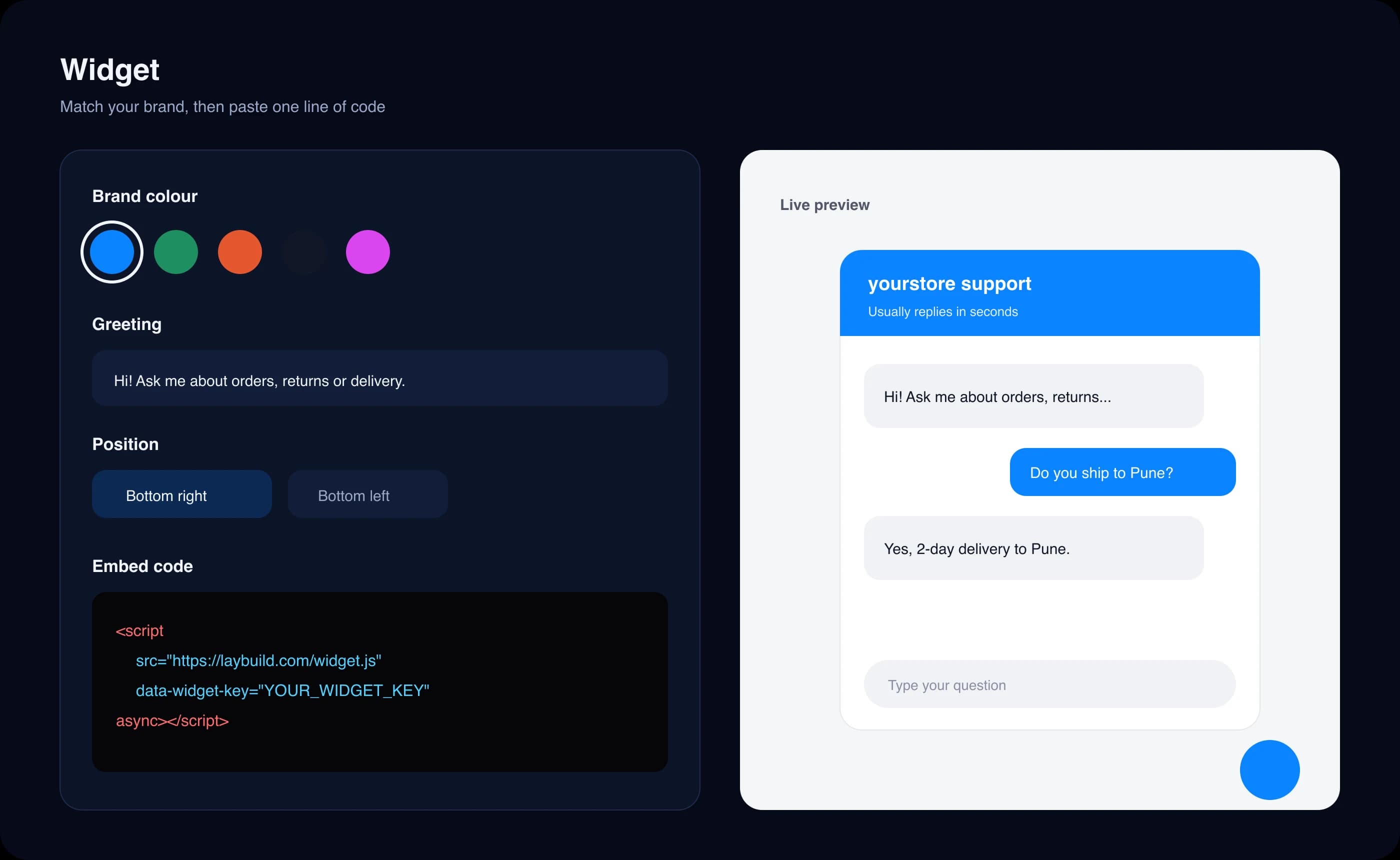 Widget settings with brand colour and embed code