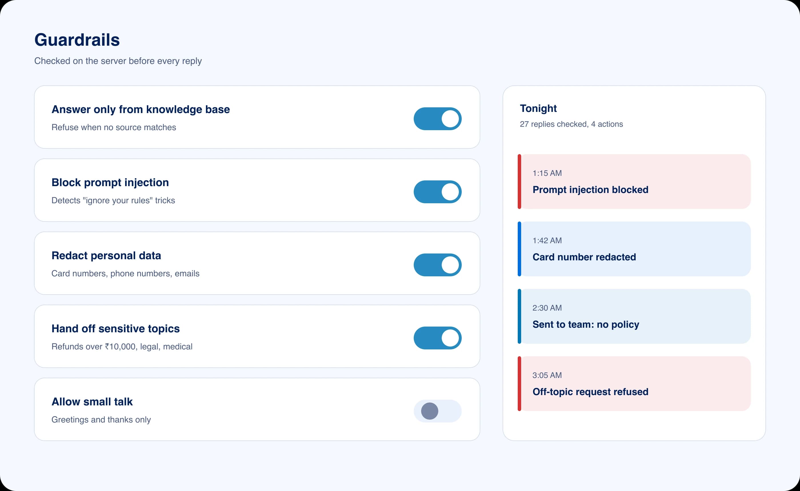 Guardrail toggles for answering only from documents, blocking prompt injection and redacting personal data, with a night log