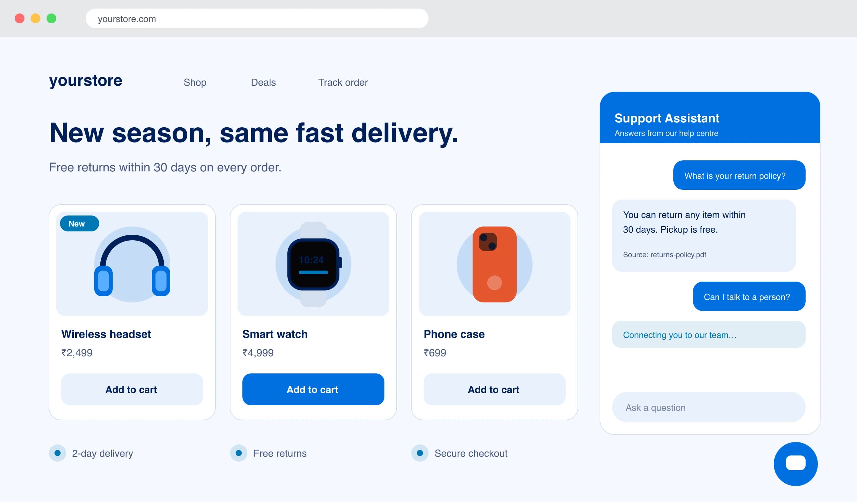 An online store with the LayBuild AI chat widget answering a return policy question and citing returns-policy.pdf