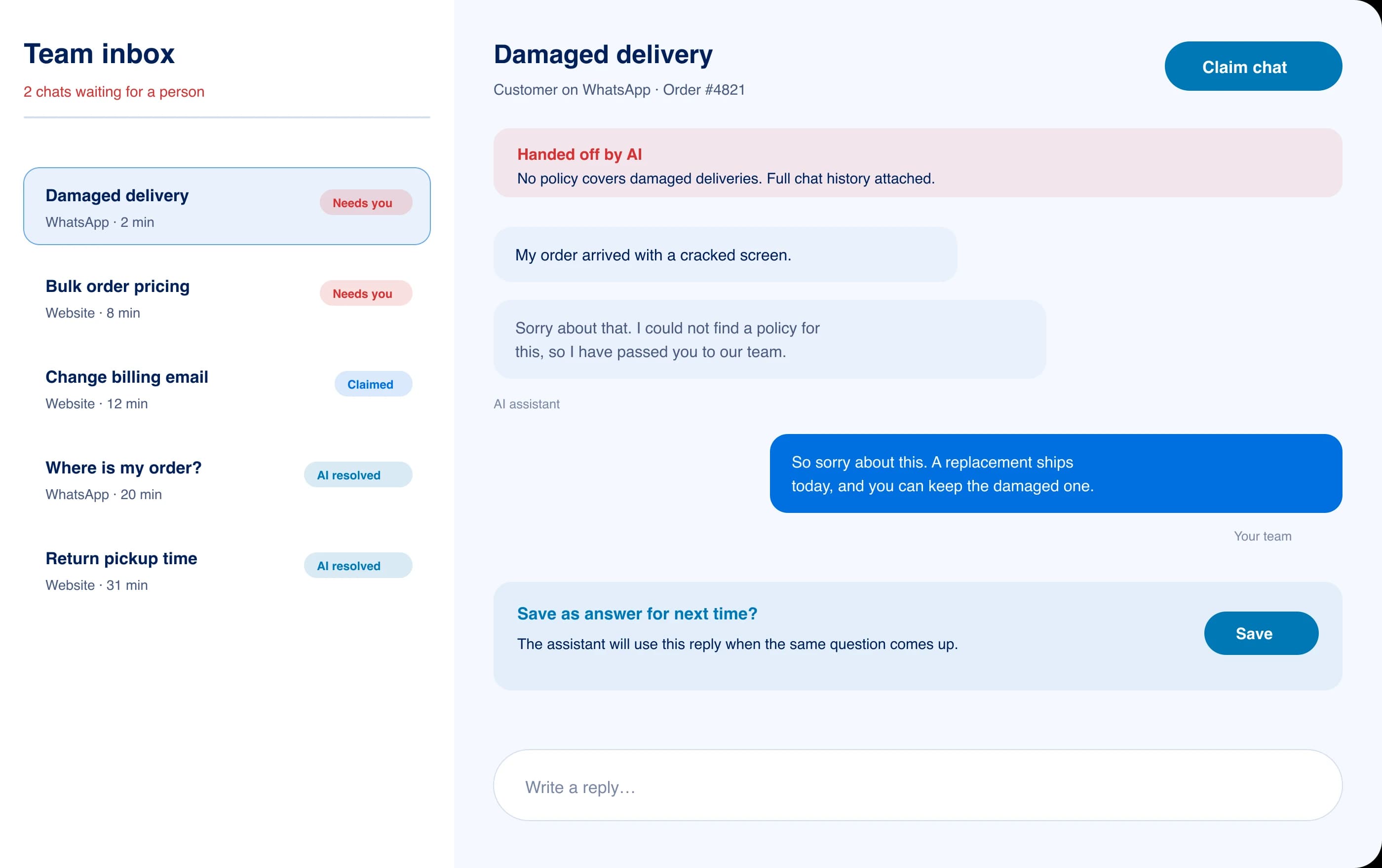 Team inbox with a damaged delivery chat handed off by the AI, a team reply, and a prompt to save it as an answer