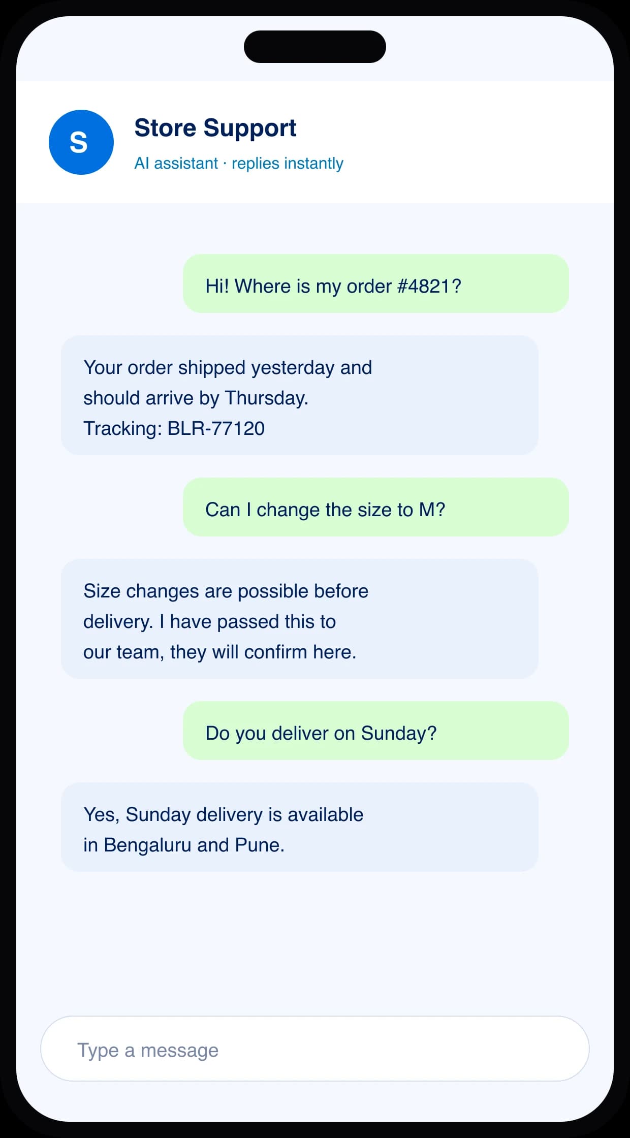 A WhatsApp chat where the AI assistant answers an order-status question, passes a size change to the team, and confirms Sunday delivery in Bengaluru and Pune