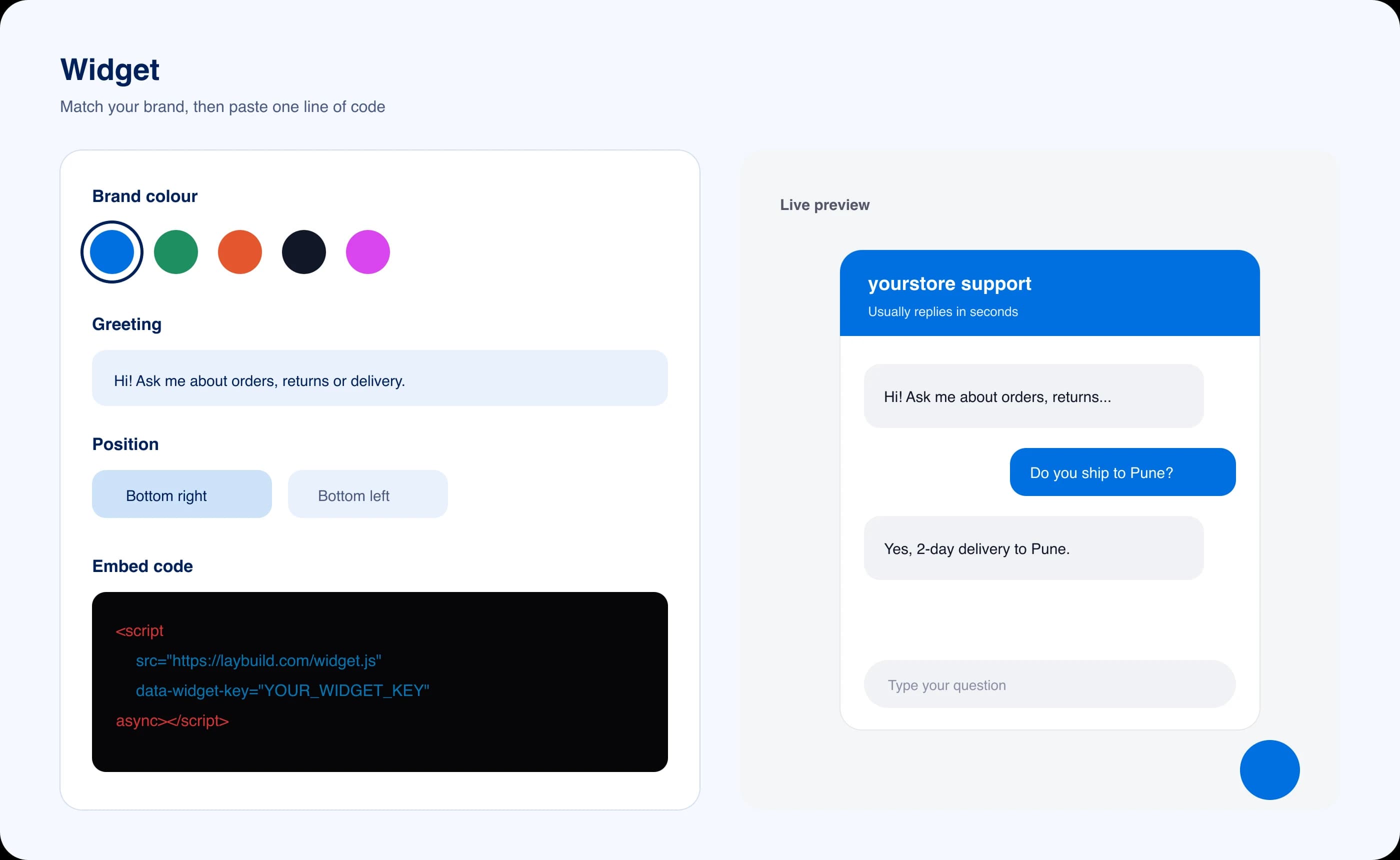 Widget settings with brand colour and embed code
