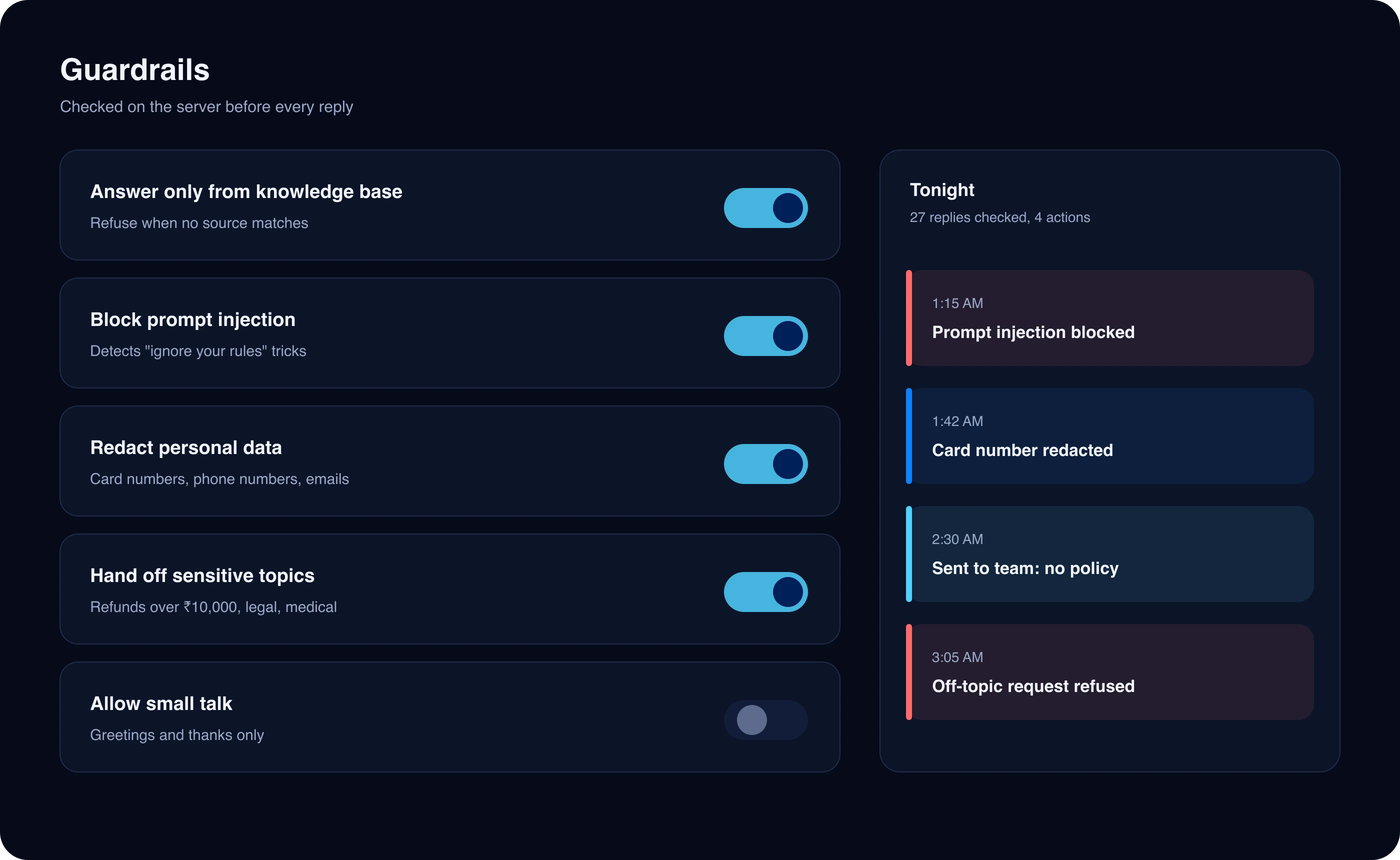 Guardrail toggles for answering only from documents, blocking prompt injection and redacting personal data, with a night log