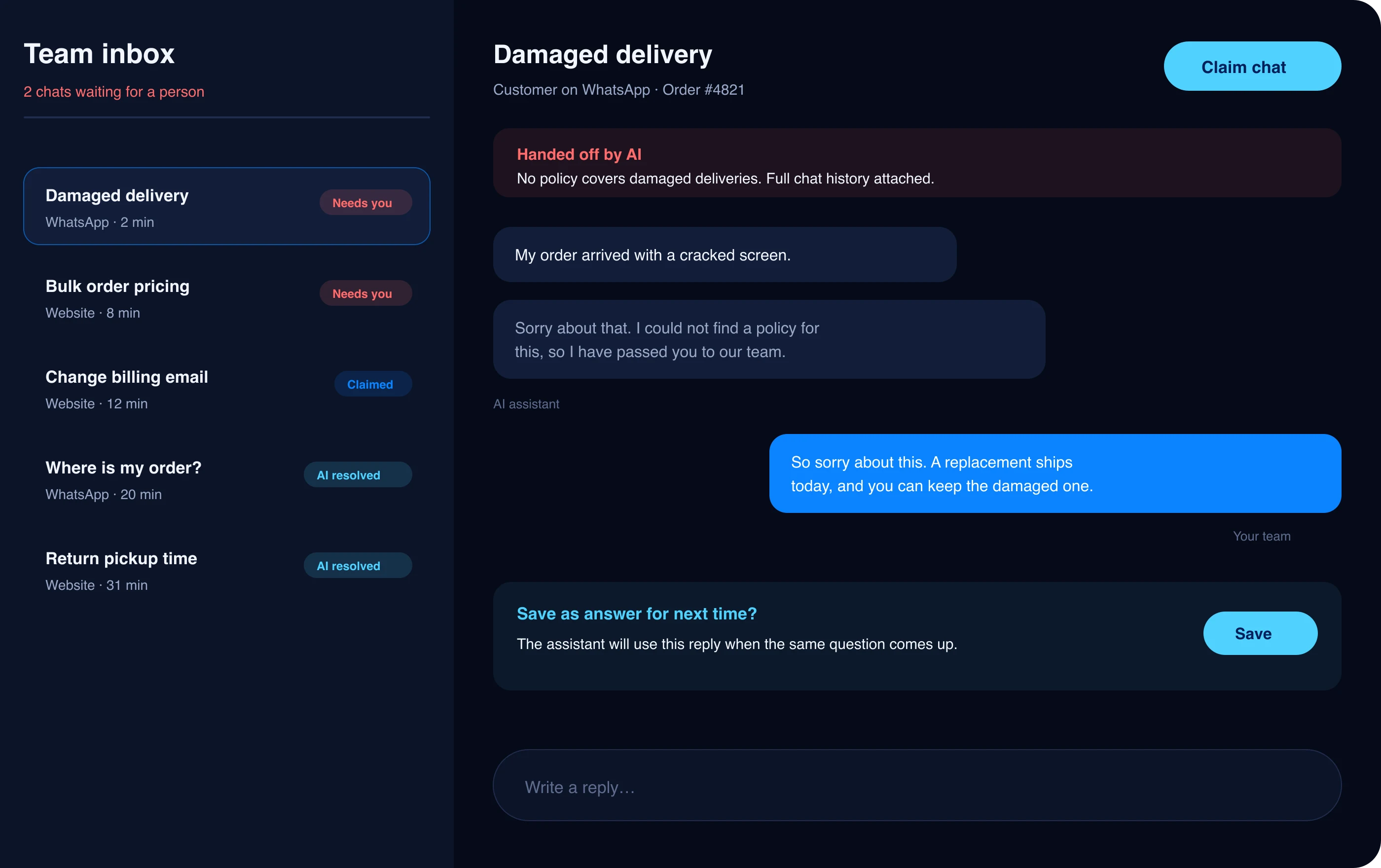 Team inbox with a damaged delivery chat handed off by the AI, a team reply, and a prompt to save it as an answer