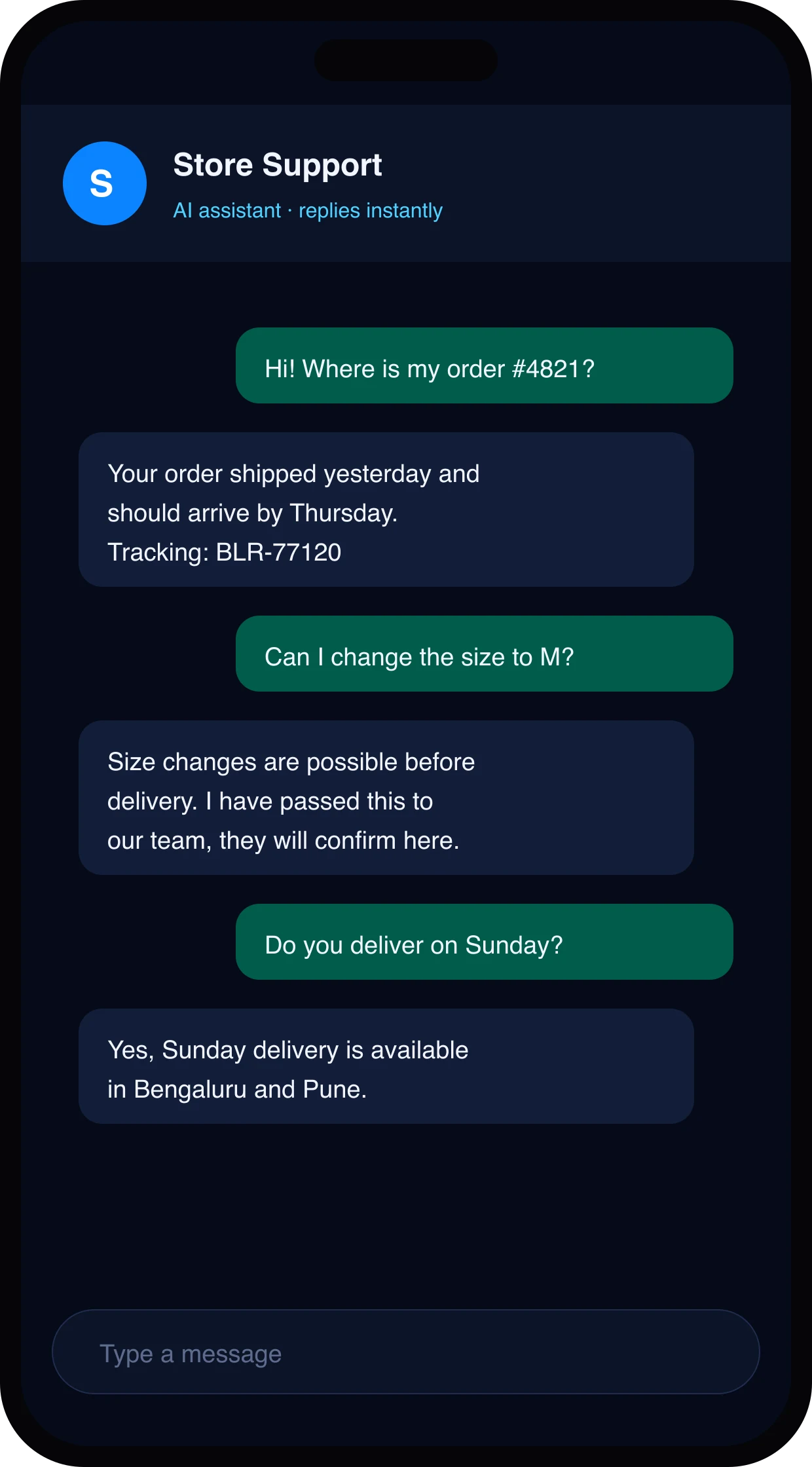 The same assistant answering order and delivery questions on WhatsApp