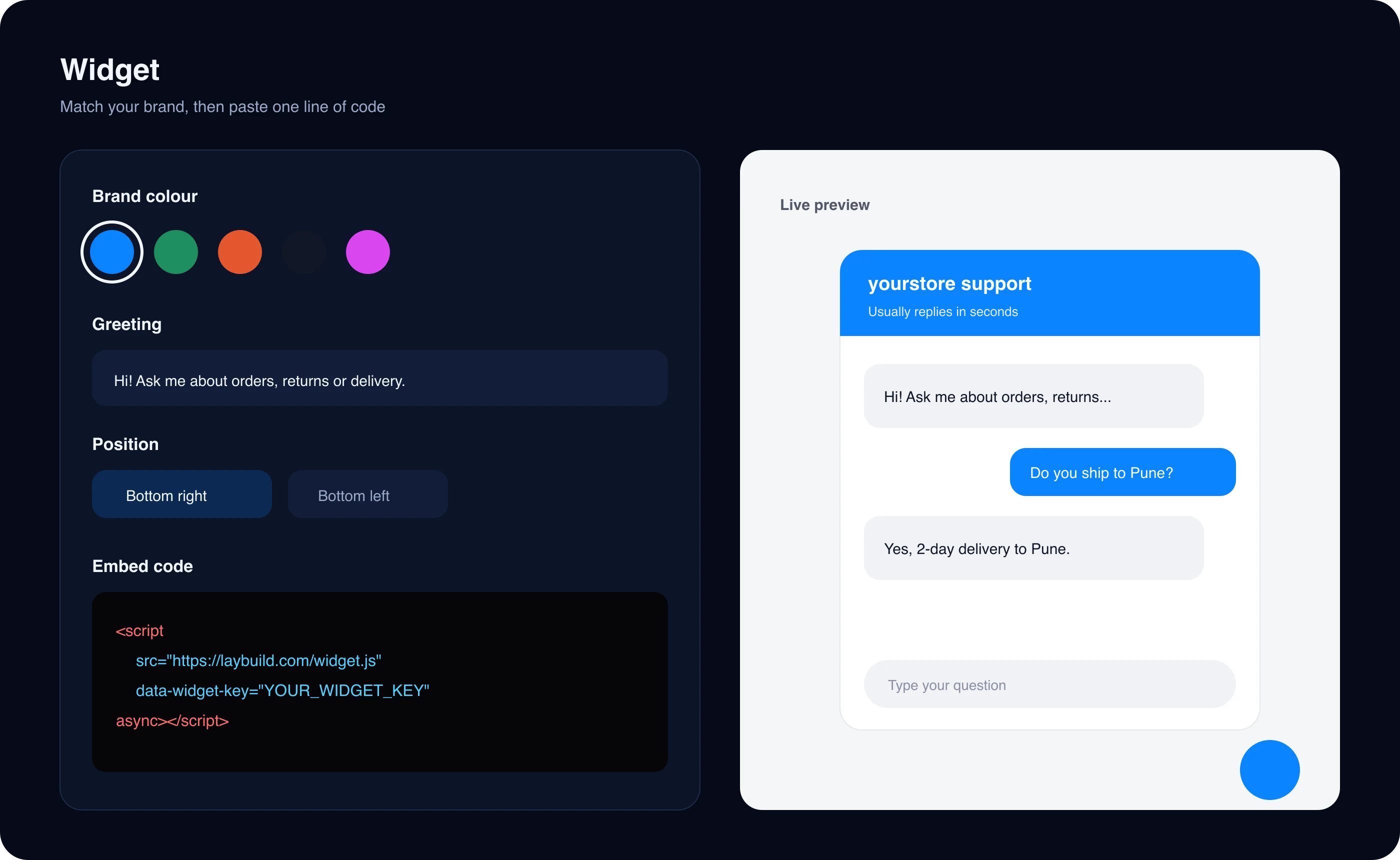 Widget settings with brand colour and embed code