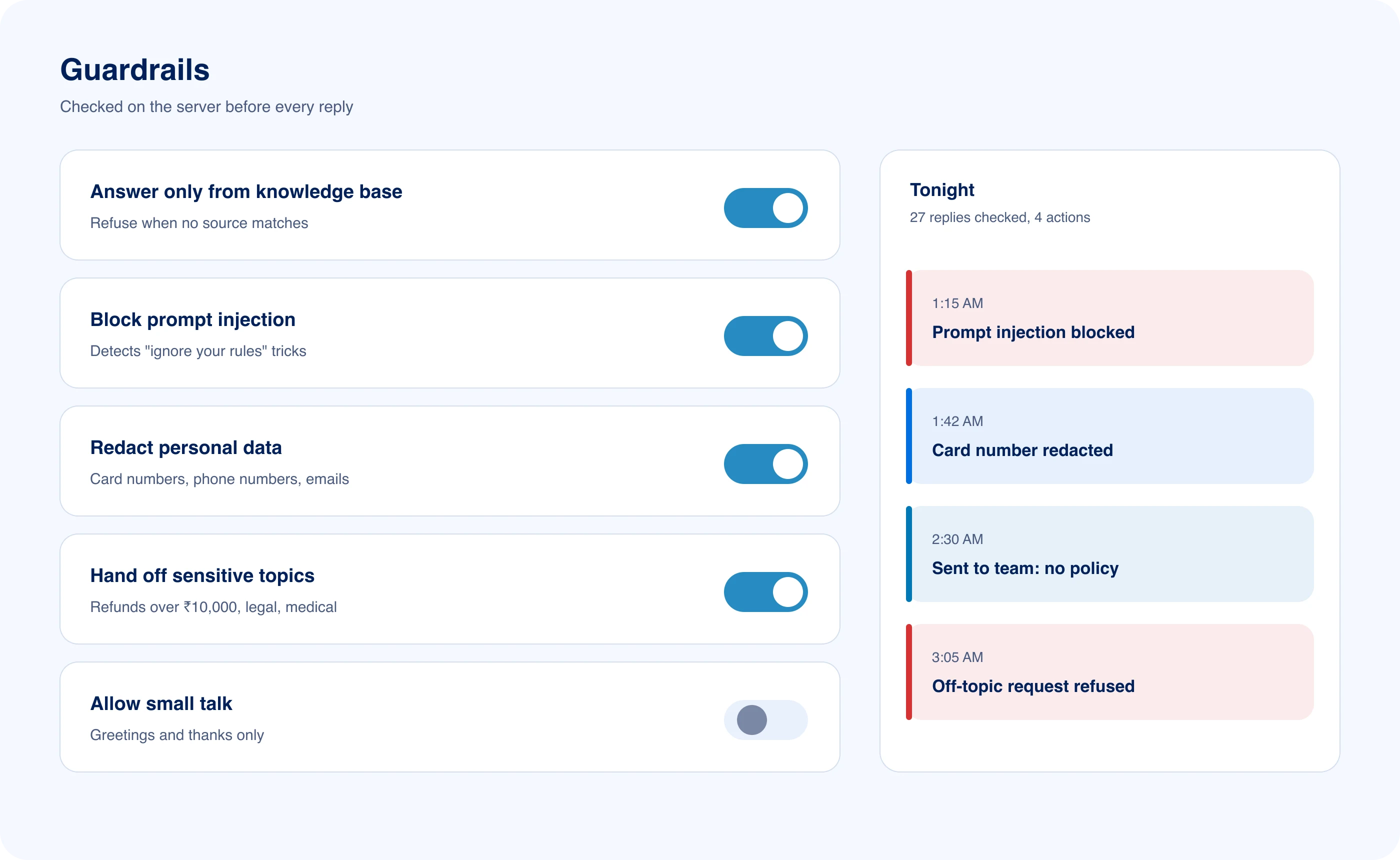 Guardrail toggles for answering only from documents, blocking prompt injection and redacting personal data, with a night log