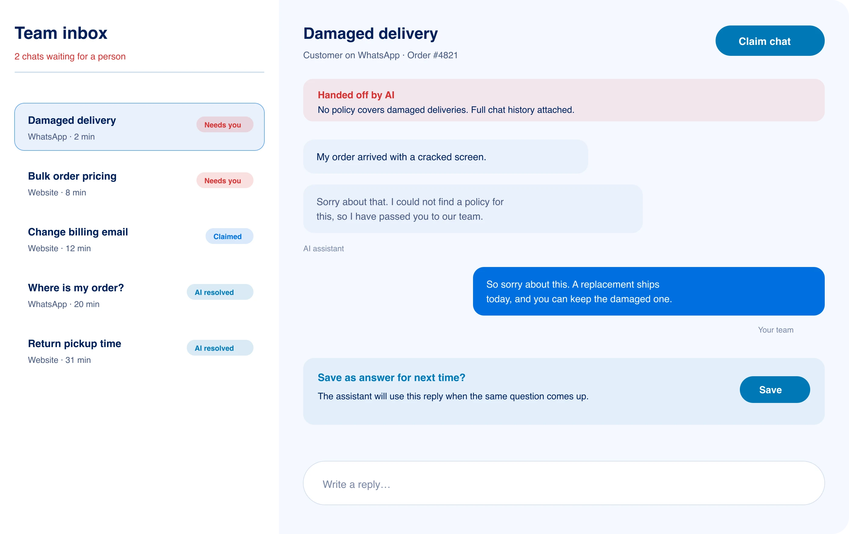 Team inbox with a damaged delivery chat handed off by the AI, a team reply, and a prompt to save it as an answer