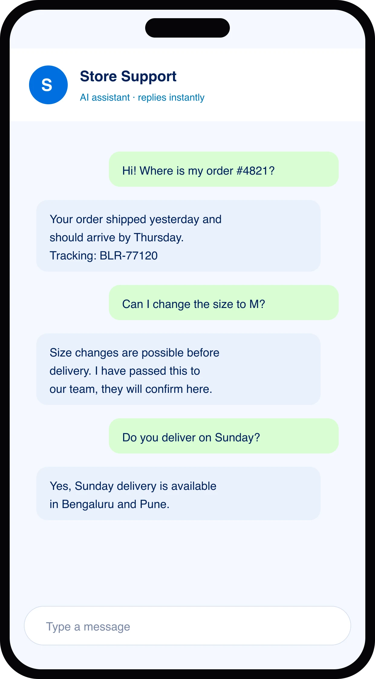 The same assistant answering order and delivery questions on WhatsApp
