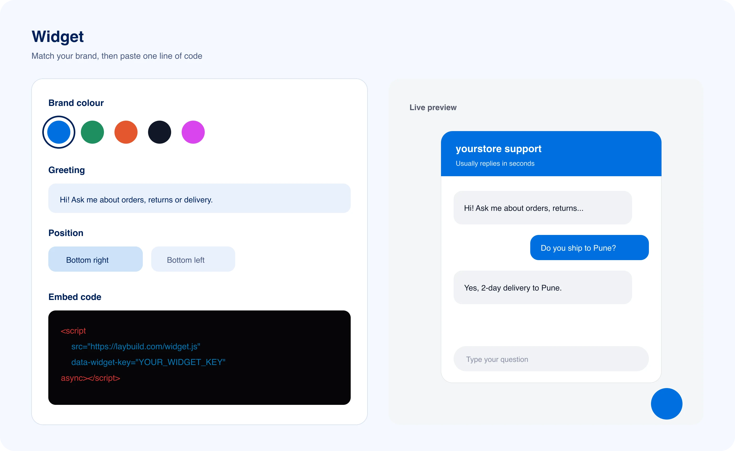 Widget settings with brand colour and embed code